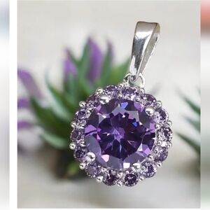 🆕️💜Simulated Amethyst Color Diamond Halo Pendant in Sterling Silver 4.75 ctw💜
